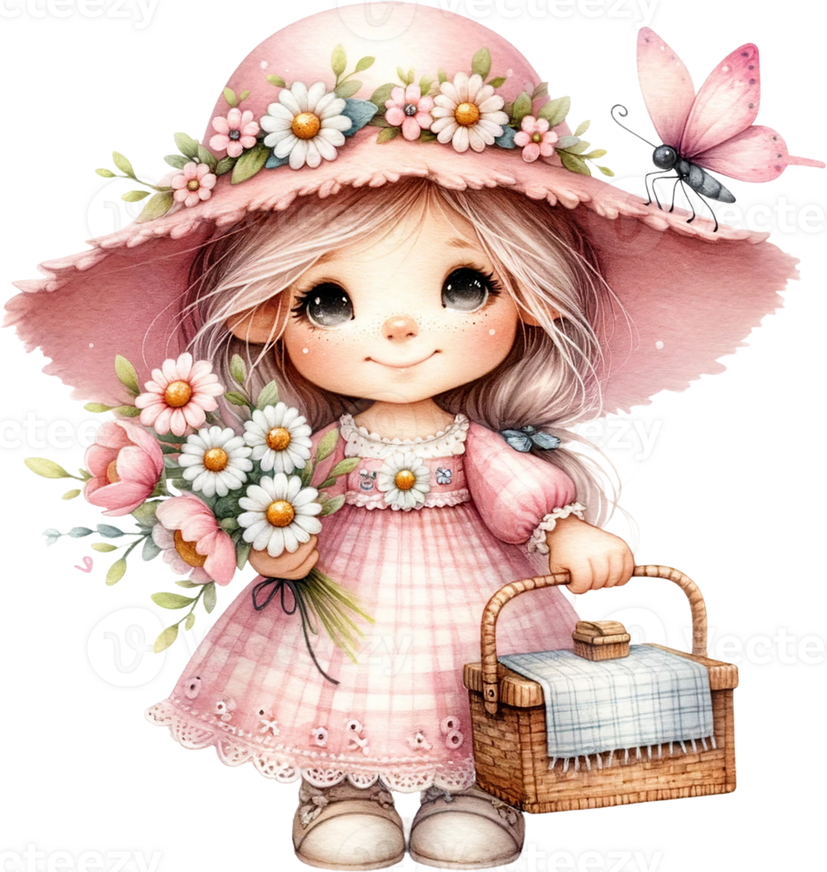 AI generated Little Girl with Spring Flowers and Picnic Basket Illustration png