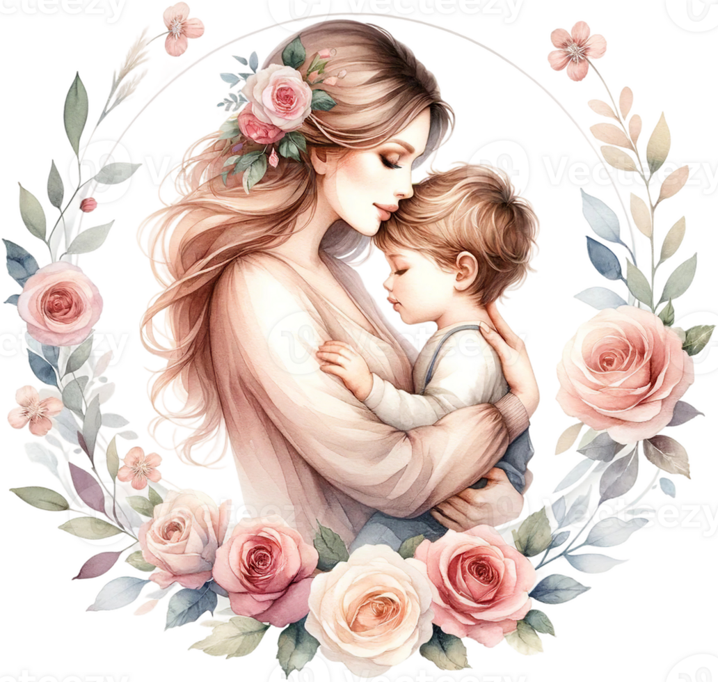 AI generated Mother Embracing Child with Floral Background Clipart png