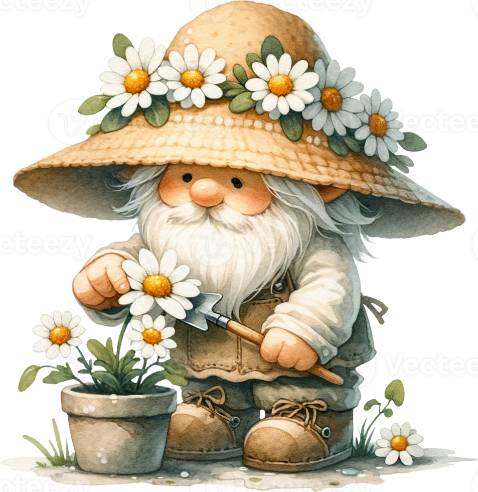 ai genererad trädgård gnome med blommor och kastruller illustration png