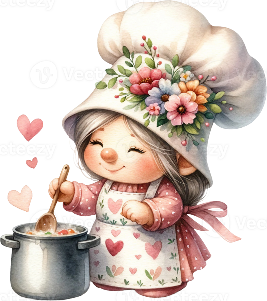 ai gerado fofa chefe de cozinha gnomo cozinhando com amor ilustração png