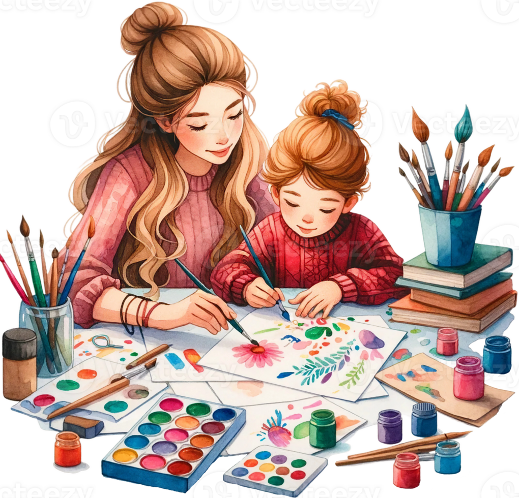 AI generated Mother and Child Enjoying Art Time Together Clipart png