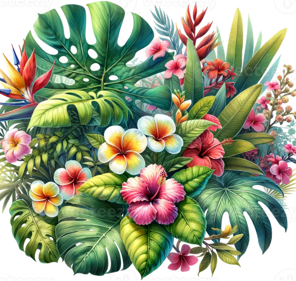 AI generated Exotic Tropical Flowers and Foliage Illustration png