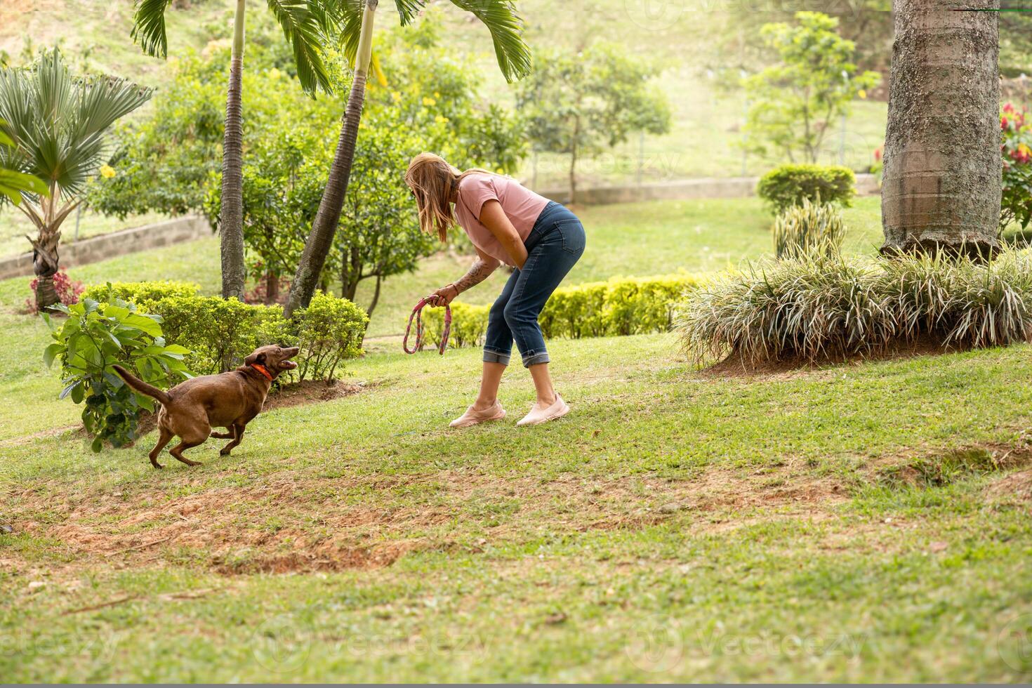 Woman playing with her pet in the park. photo