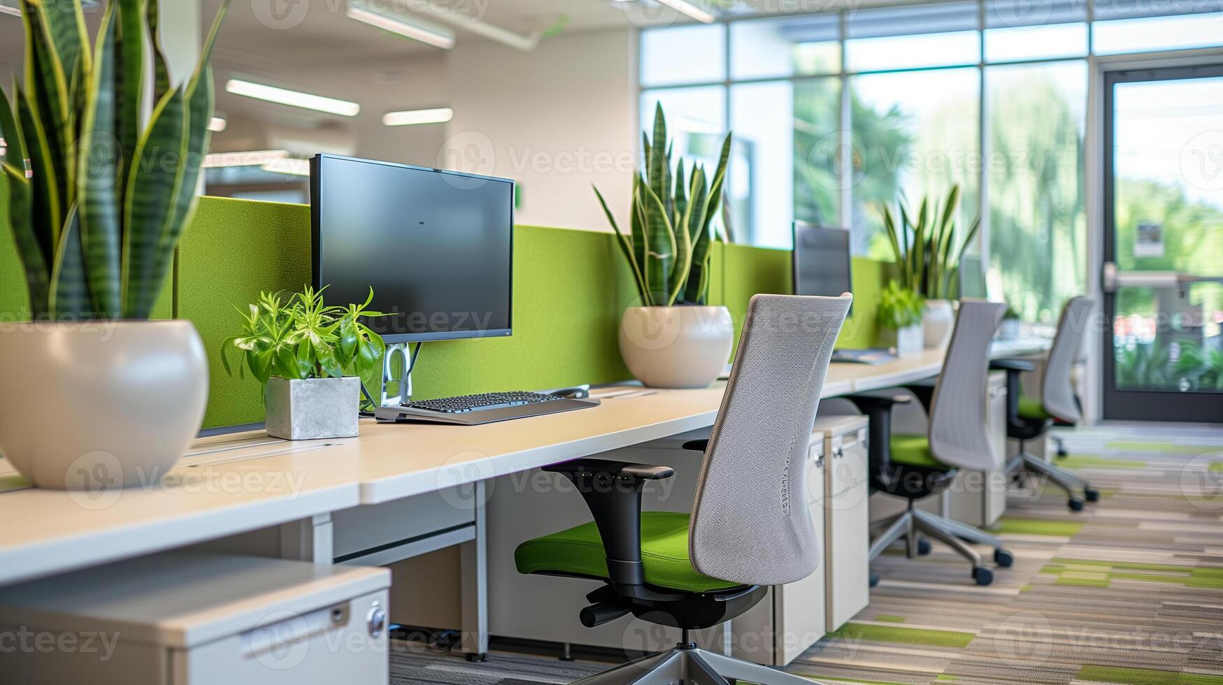 AI generated A vibrant eco-conscious office environment with indoor plants on desks, promoting health and productivity in the workplace. photo