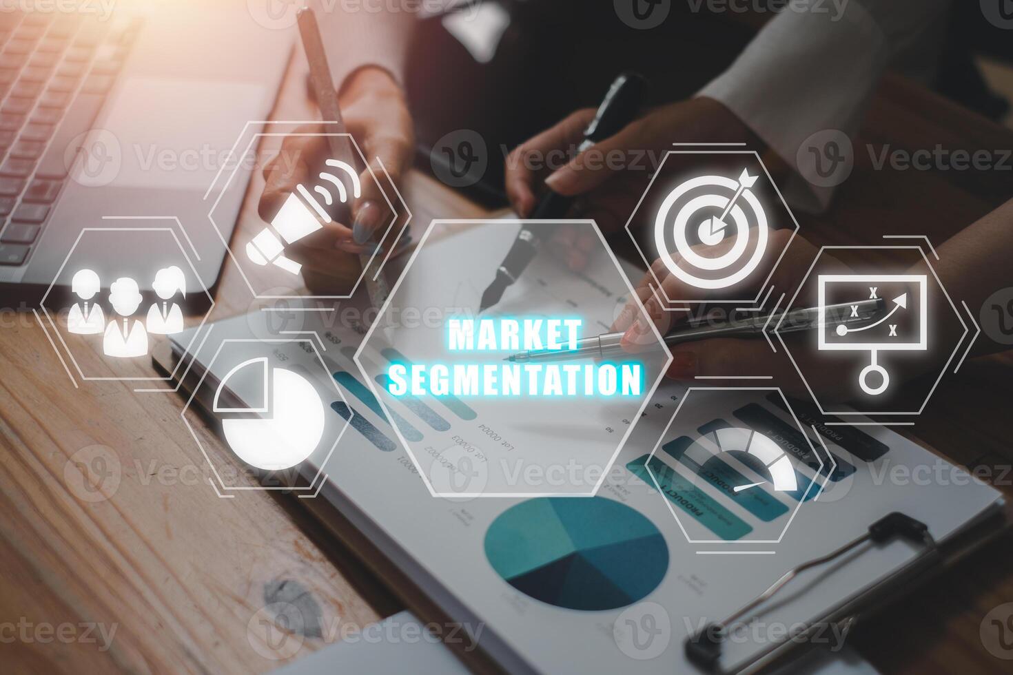 Market segmentation concept, Business team analyzing income charts and graphs on office desk with market segmentation icon on virtual screen. photo