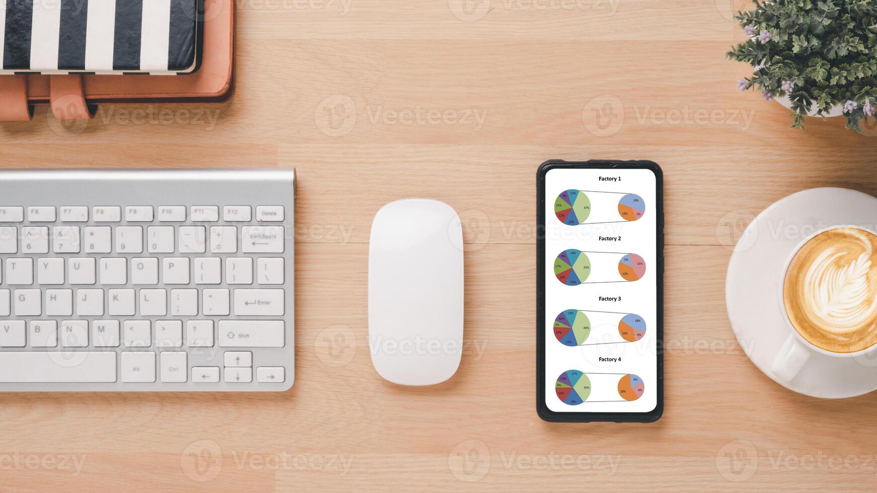 Top down view of a modern workspace featuring a smartphone displaying pie charts, alongside a keyboard, mouse, and a cup of coffee. photo