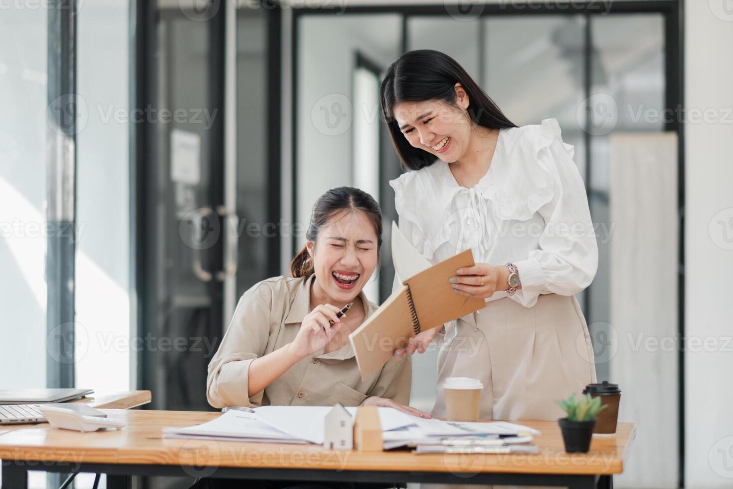 Two engaged female colleagues in a light hearted discussion with notepad and papers at an office desk. photo