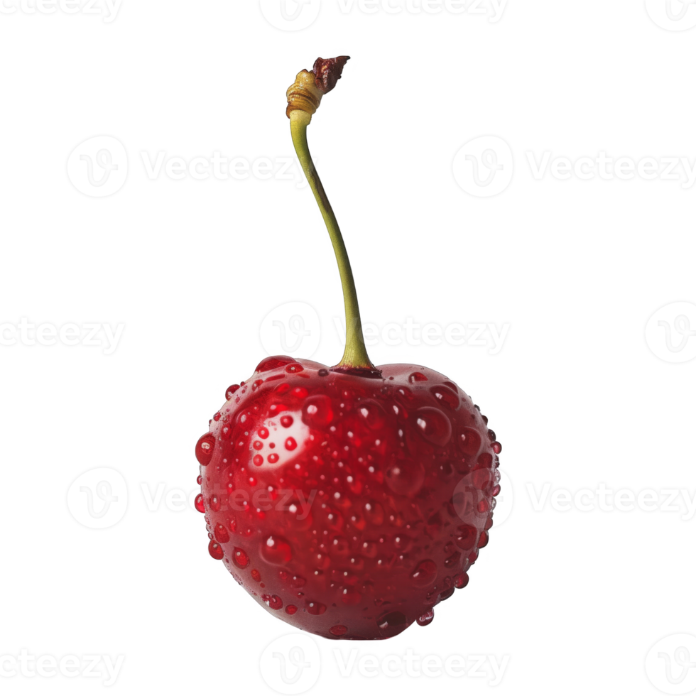 AI generated A single cherry with a stem, covered in sparkling water droplets, is set against a pure white backdrop, capturing the essence of freshness and simplicity. png