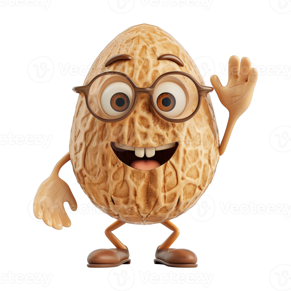 AI generated A cartoon peanut character wearing glasses and making a comical face expression while raising its hand, resembling a gesture seen in school settings. png