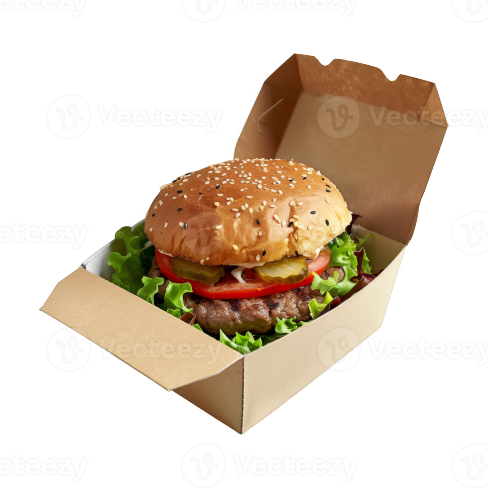 AI generated A delicious cheeseburger with lettuce, tomatoes, pickles, cheese, and sesame seed bun presented in an open eco-friendly brown takeout box, ready for consumption. png