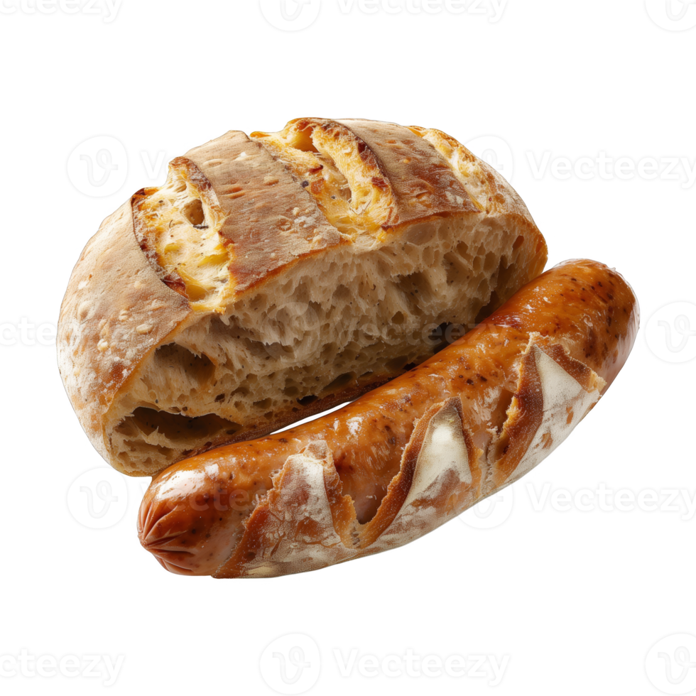 AI generated Bread Loaf and grilled sausage showcasing the crusty exterior and airy interior, set against a clean white backdrop, highlighting the textures and details that signify homemade quality. png