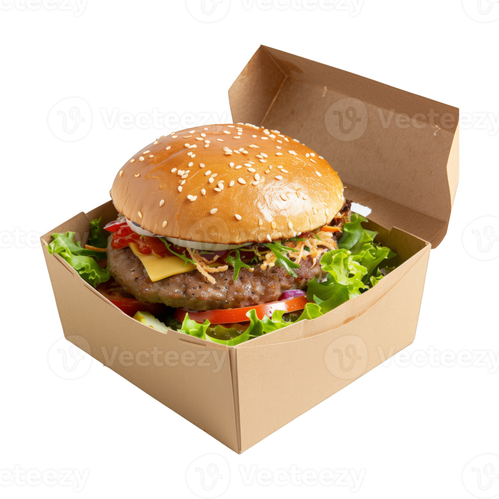 AI generated A closed hamburger box with fresh lettuce and tomatoes inside, against a plain background. png
