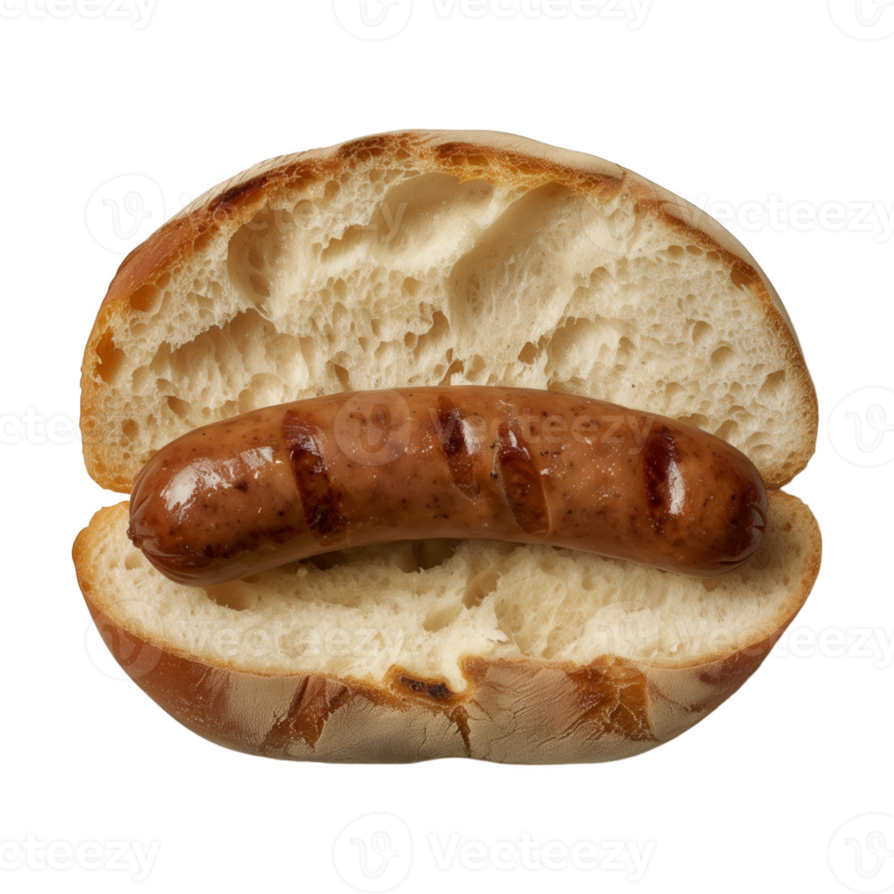 AI generated A perfectly grilled sausage rests inside a freshly toasted bun against a plain background, highlighting the simplicity and appeal of this classic snack. png