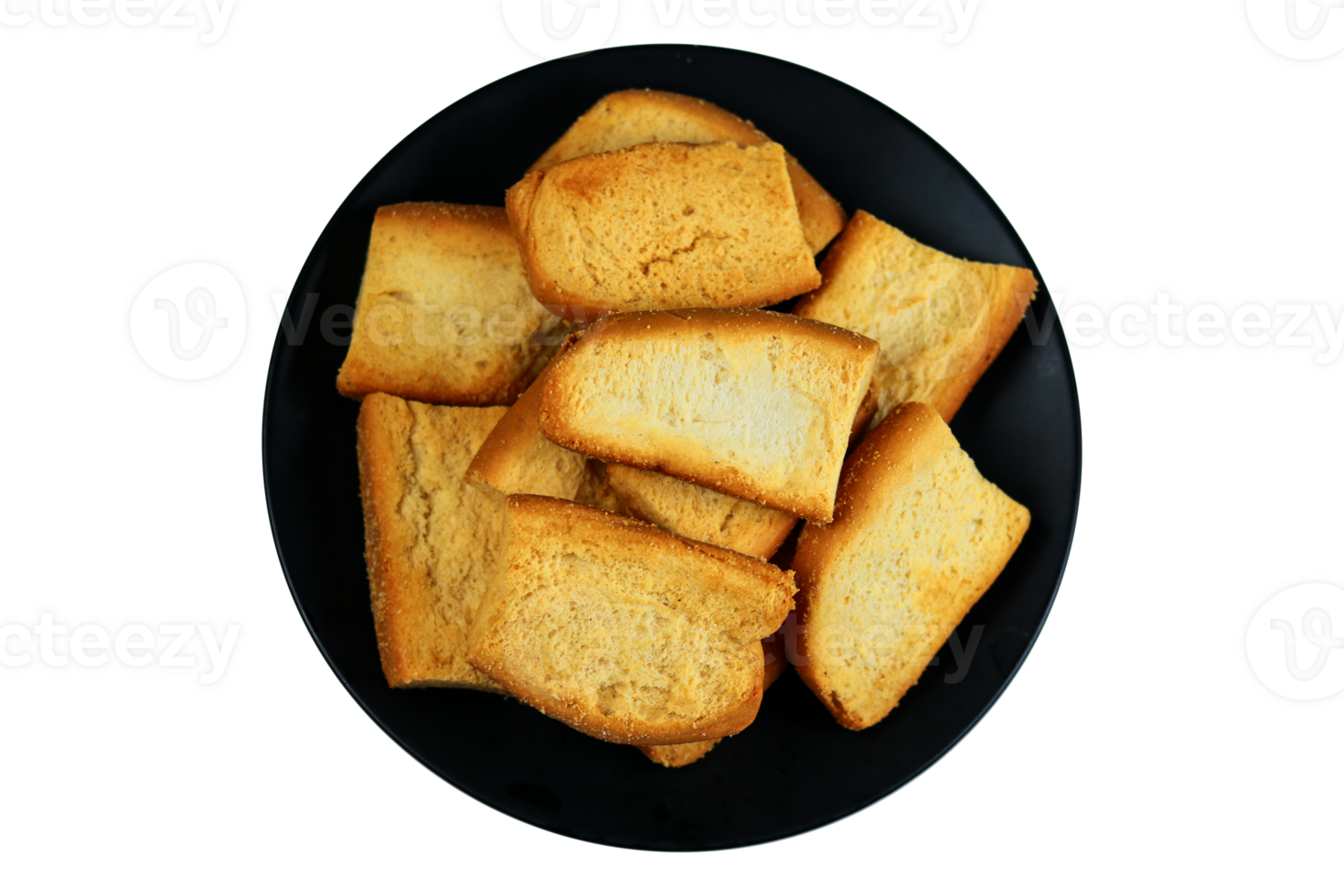 Slices of roasted toast on a black plate isolated on a transparent background png
