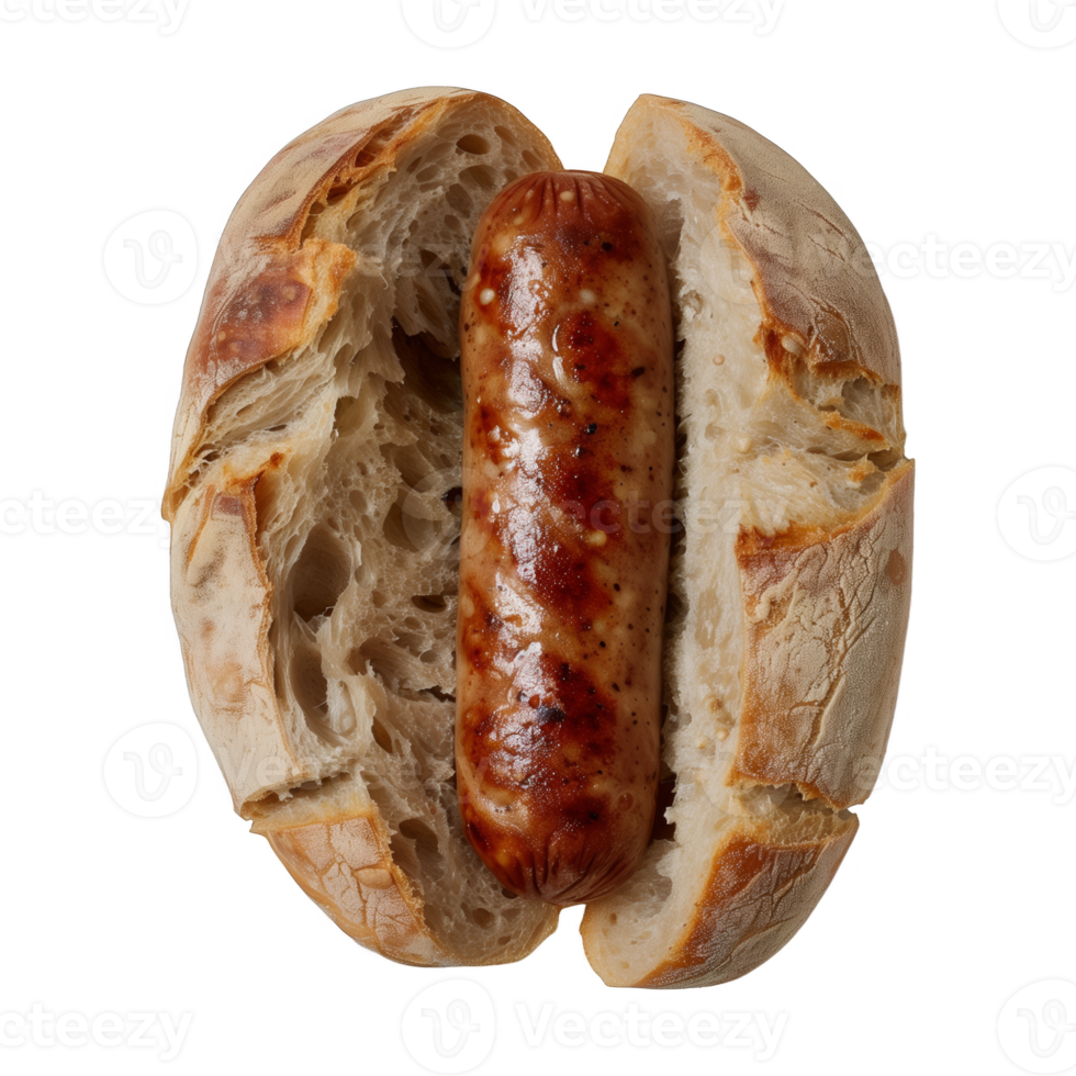 AI generated A succulent grilled bratwurst sausage nestled within the split of a crusty, golden-brown bun, presented against a plain background to highlight the simple, yet appetizing meal. png