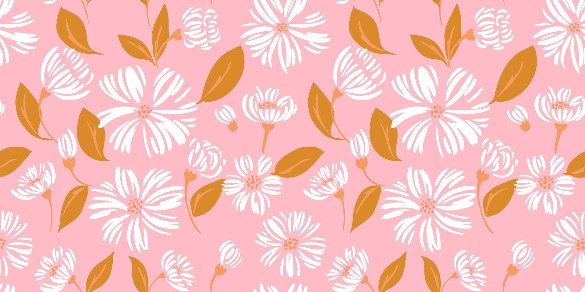 Simple creative shapes flowers and leaves seamless pattern. Abstract simple ditsy floral printing on a pink background. Vector hand drawn sketch. Template for design, children textile, surface design