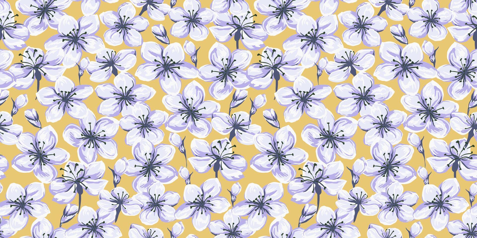 Artistic abstract blossoms wild meadow floral seamless pattern. Vector hand drawn illustration. Pastel beautiful ditsy flowers and buds printing on a yellow background. Template for designs, textiles