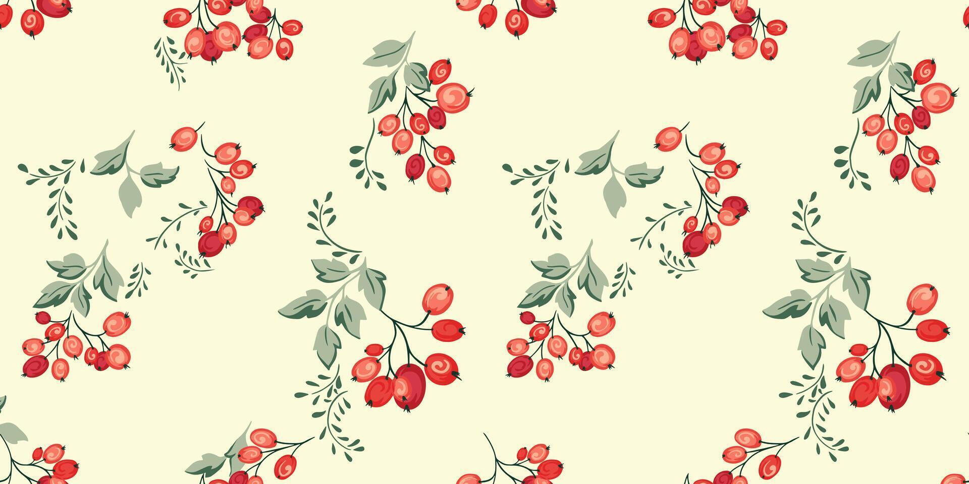 Creative branches of red abstract berries with leaves seamless pattern. Vector hand drawn illustration juniper, boxwood, viburnum, barberry. Botanical vintage patterned. Collage for designs, printing