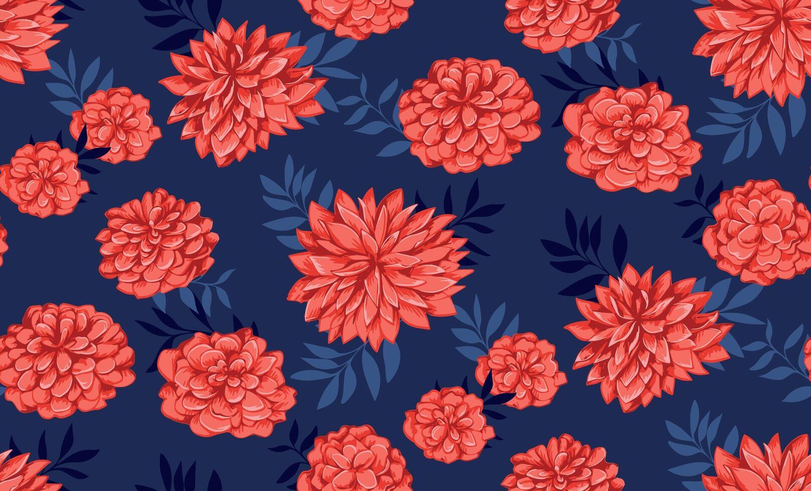 Colorful orange stylized flowers peonies with shape leaves on a blue background. Abstract artistic ditsy floral printing. Vector hand drawn illustration. Design for fashion, fabric, textiles