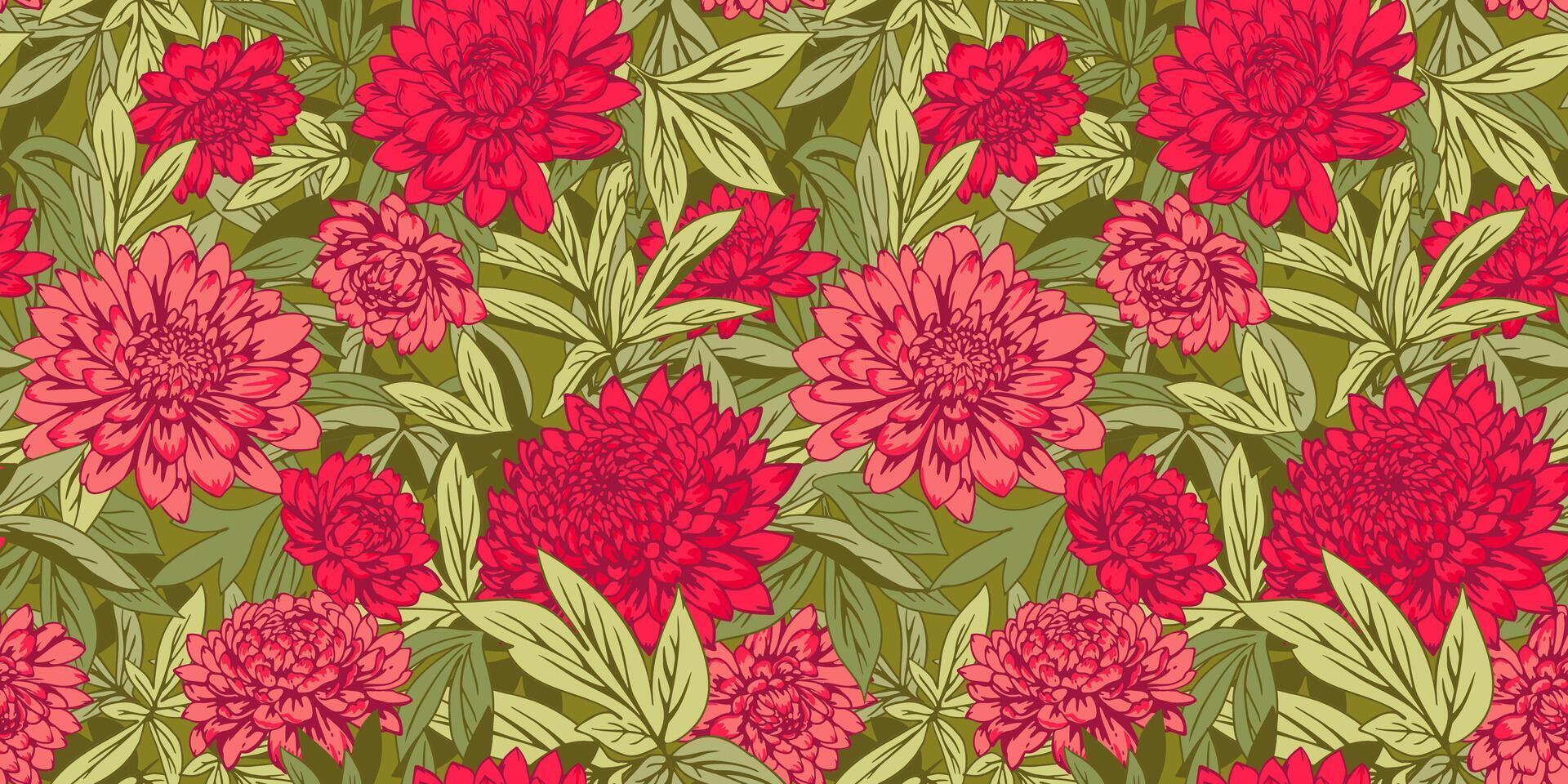 Artistic abstract green jungle and red beatify floral seamless pattern. Summer ornate background with blooming flowers dahlias, peonies, chrysanthemums, leaves. Vector drawn illustration.