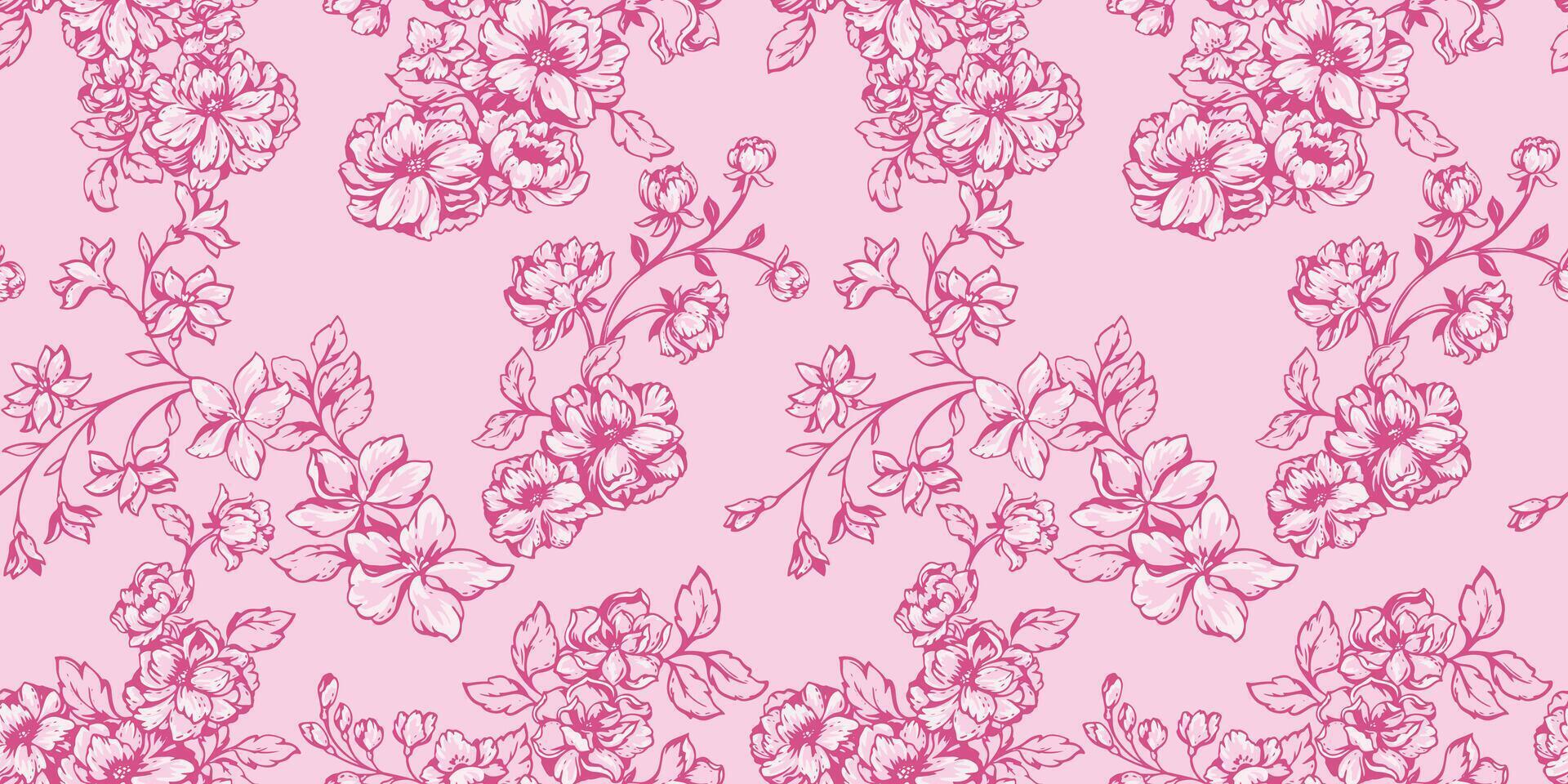 Abstract artistic blossom wild meadow seamless pattern. Monotone pink floral stems with stylized flowers, buds, and leaves background. Vector hand drawn sketch. Collage for designs, patterned