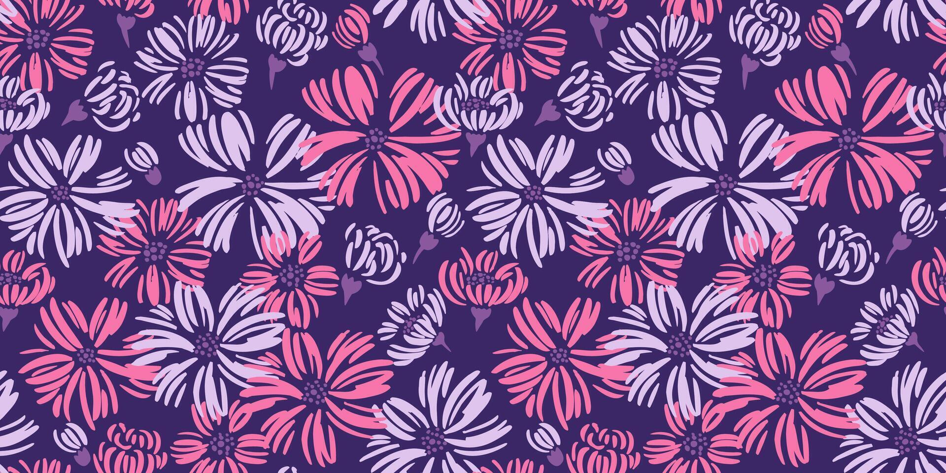 Seamless abstract shapes meadow flowers pattern. Vector hand drawn sketch. Creative simple ditsy floral and buds printing on a violet background. Template for designs, textile, fabric