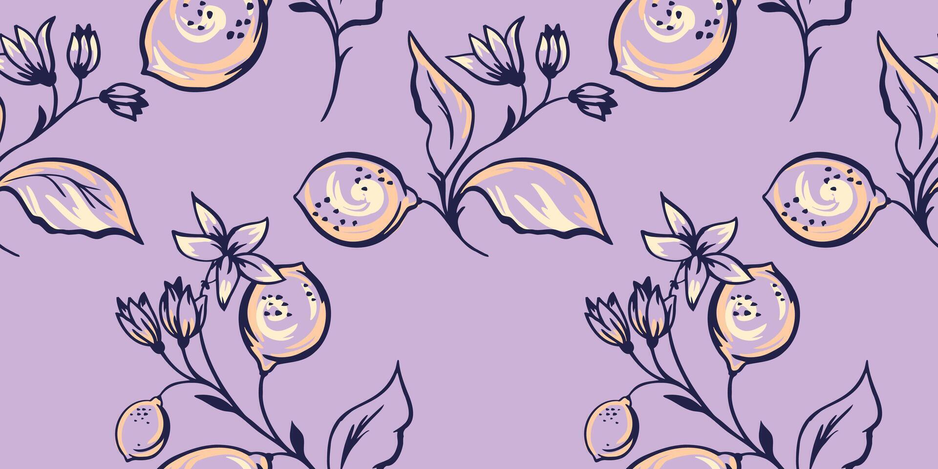 Simple purple seamless pattern with abstract creative floral branches with lemons, lime, leaves, tiny buds. Vector hand drawn sketch. Summer fruits illustration for print. Template for designs