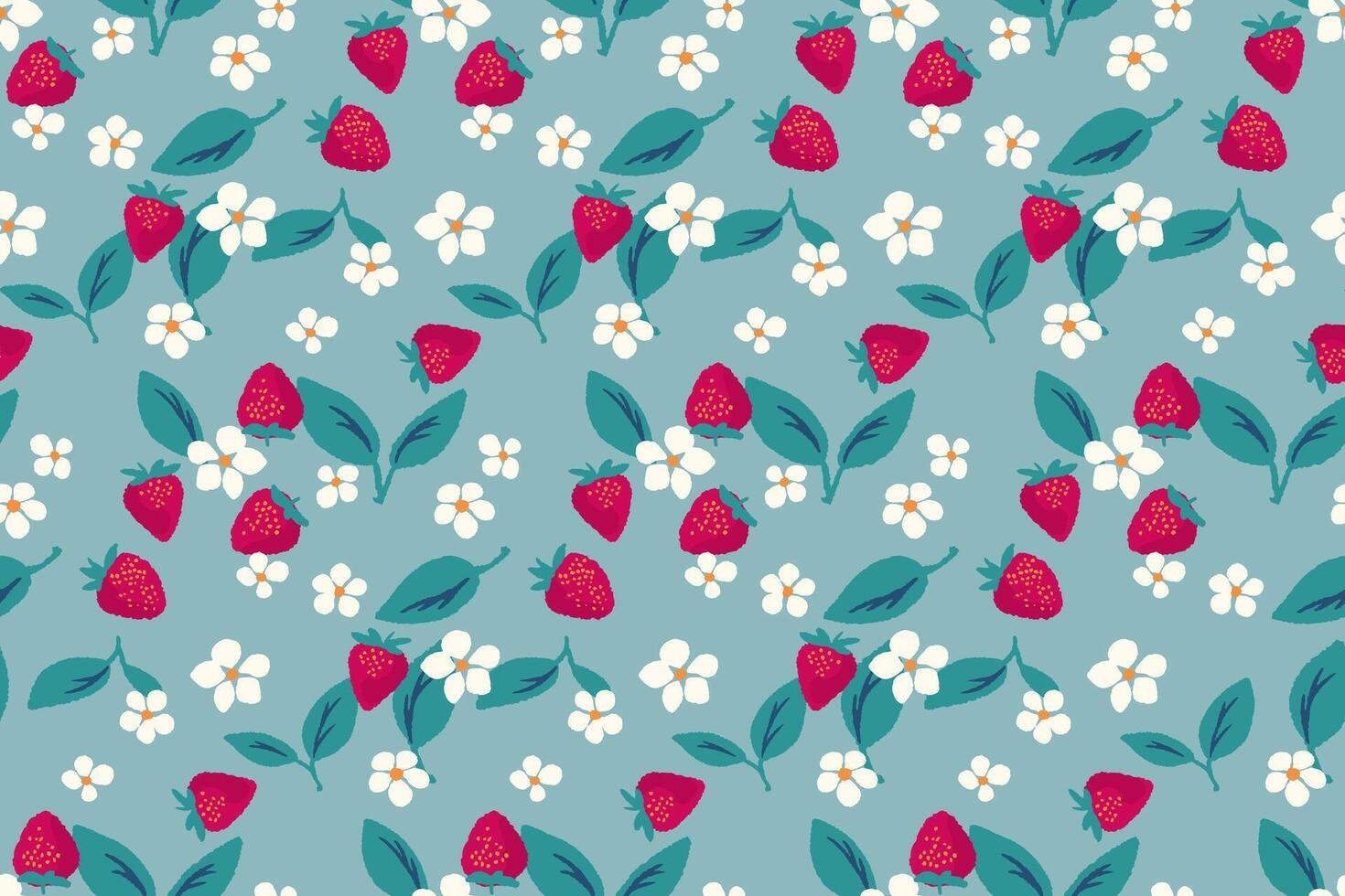 Colorful seamless pattern with stylized berries strawberry, flowers, leaves. Vector hand drawn doodle sketch. Summer blue background with abstract cute fruits. Collage for designs, children textiles