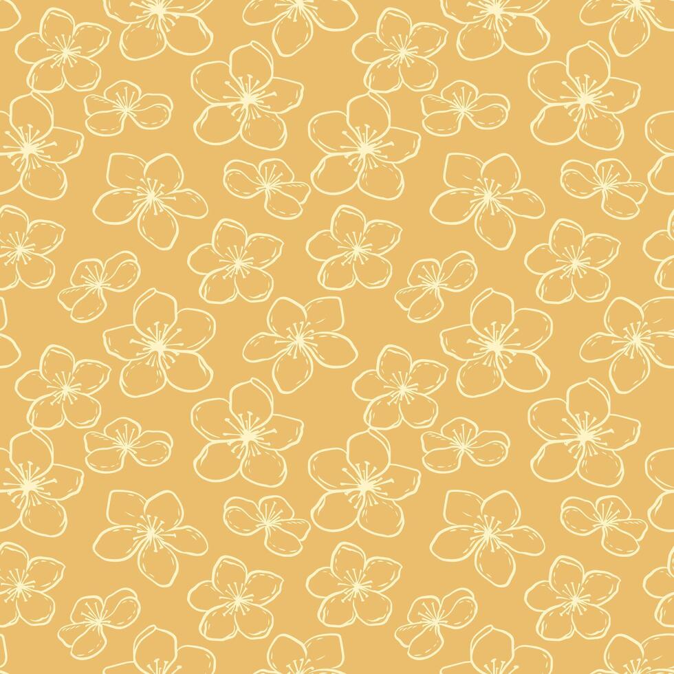 Yellow seamless pattern with simple artistic flowers lines. Vector hand drawn sketch outlines. Abstract contour silhouette floral ornament. Template for design, fabric, printing, surface design