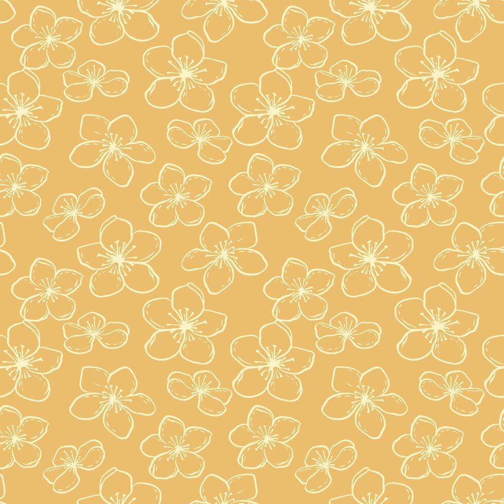 Yellow seamless pattern with simple artistic flowers lines. Vector hand drawn sketch outlines. Abstract contour silhouette floral ornament. Template for design, fabric, printing, surface design