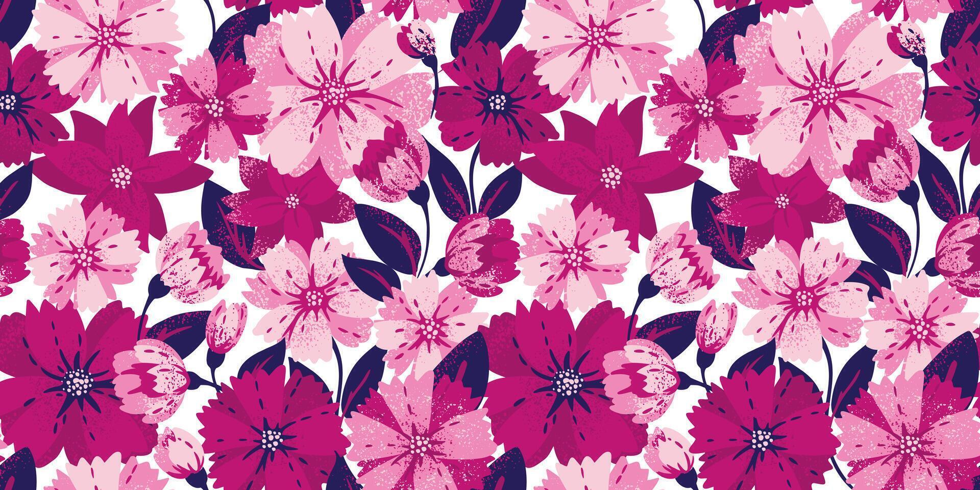 floreciente prado con grande resumen flores y hojas, brotes sin costura modelo. brillante creativo rosado floral impresión en un blanco antecedentes. modelo para diseños, niños textiles, cuaderno cubrir vector