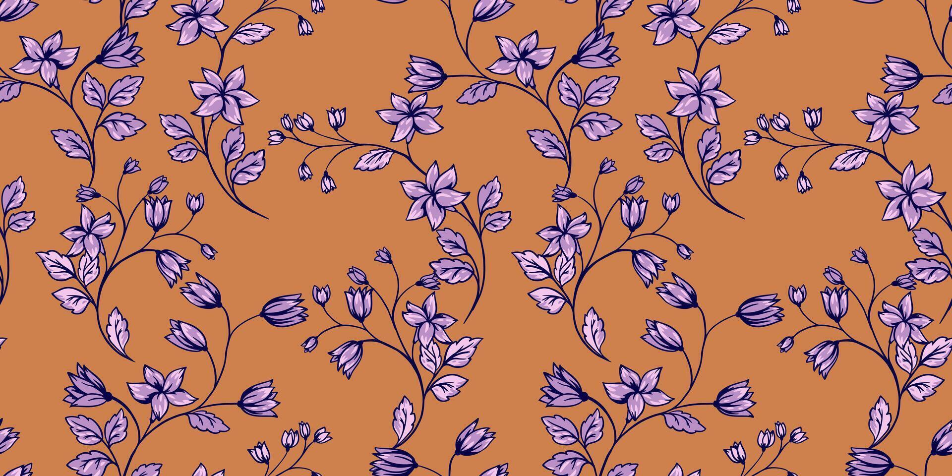 Artistic abstract branches with tiny flowers bells and leaves intertwined in a seamless pattern. Vector hand drawn. Retro vintage creative wild floral stems yellow mustard print. Template for designs