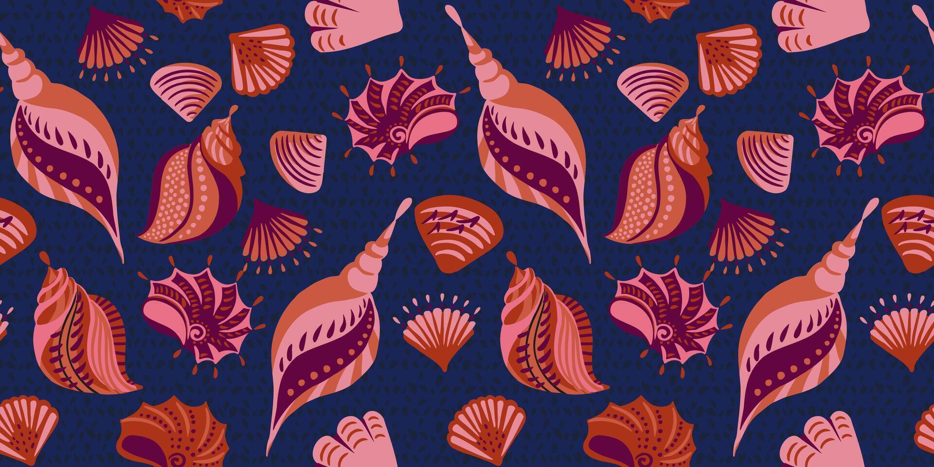 Colorful abstract artistic sea shells seamless pattern on a dark blue background. Vector hand drawn. Underwater set print. Template for designs, textile, notebook cover, wrapping paper, exotic