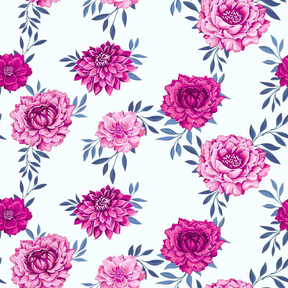 sin costura modelo con resumen artístico flores y minúsculo ramas hojas. vector mano dibujado ilustración. vistoso rosado floral impresión en un blanco antecedentes. modelo para diseños, textil, tela