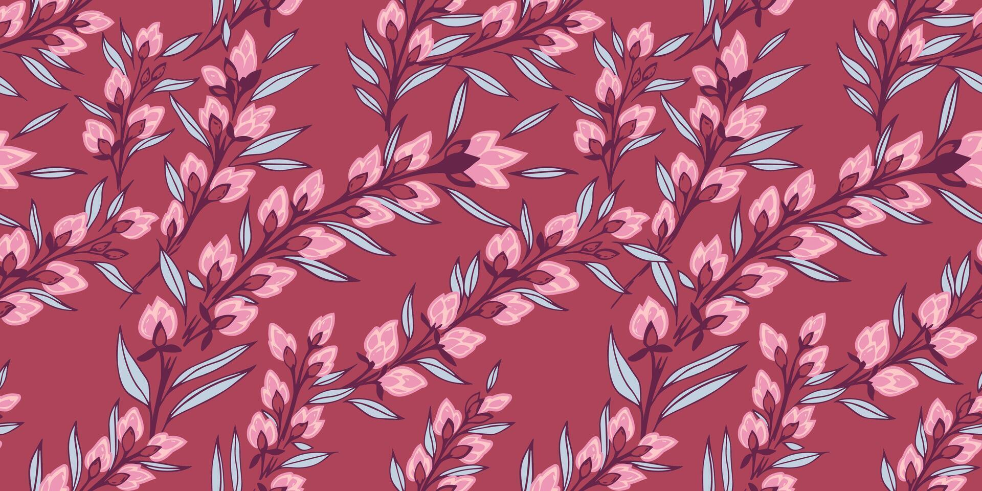 Abstract creative branches with leaves, buds flowers seamless pattern. Vector drawn illustration. Chic blooming floral stems printing. Stylized brown botanical background. Template for design