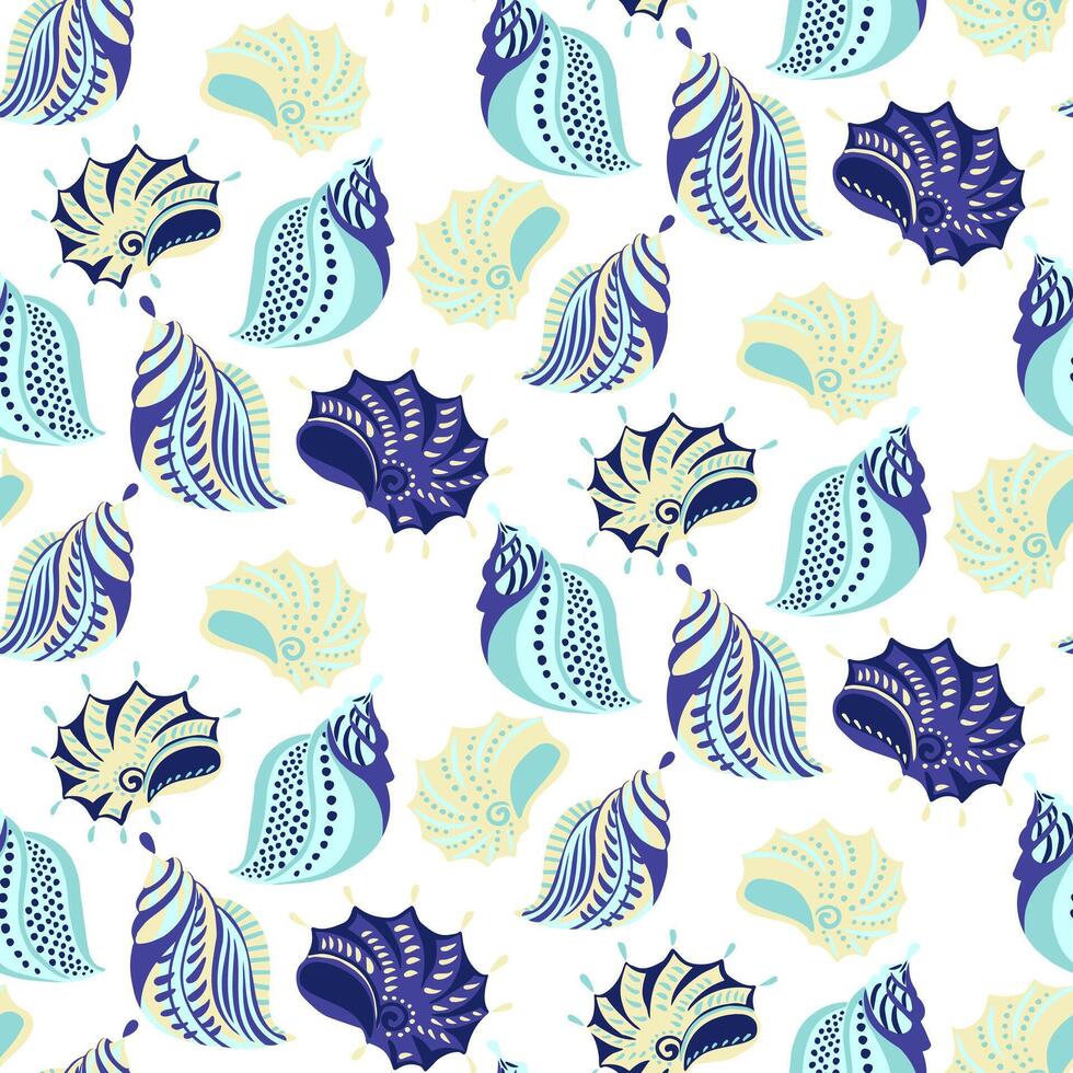 Pastel abstract artistic sea shells seamless pattern. Creative cute marine printing. Vector hand drawn sketch. Template for designs, notebook cover, wrapping paper, exotic wallpaper