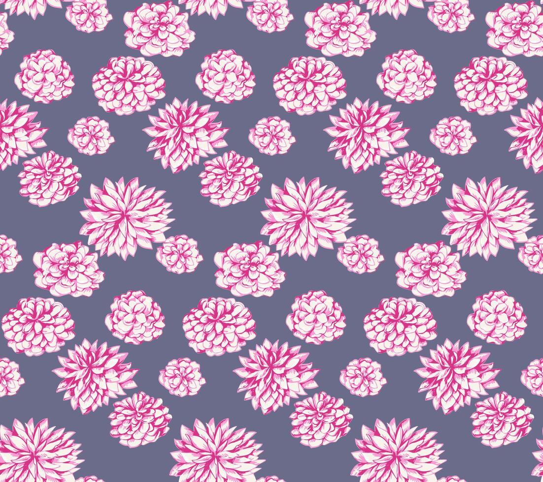 Seamless pattern stylized pink flowers peonies, dahlias. Colorful abstract, artistic, gently floral on a dark  grey  background. Vector hand drawn. Design for fashion, fabric, textiles, printing