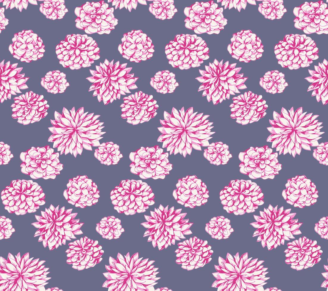 Seamless pattern stylized pink flowers peonies, dahlias. Colorful abstract, artistic, gently floral on a dark  grey  background. Vector hand drawn. Design for fashion, fabric, textiles, printing