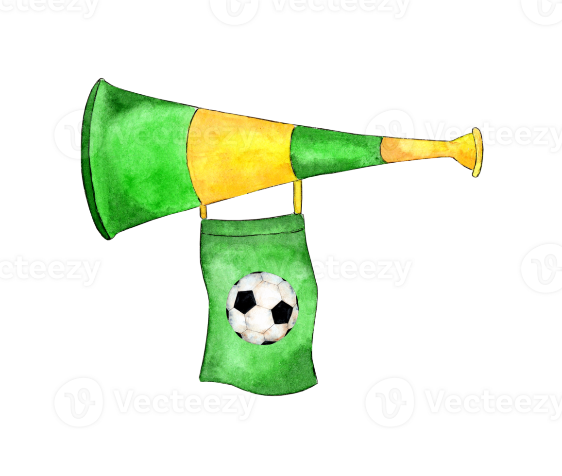 acquerello illustrazione di un' verde giallo calcio fan fischio con un' bandiera e un' palla su esso. corno è un attributo di il fan. rumore Generatore. isolato. disegnato di mano. png