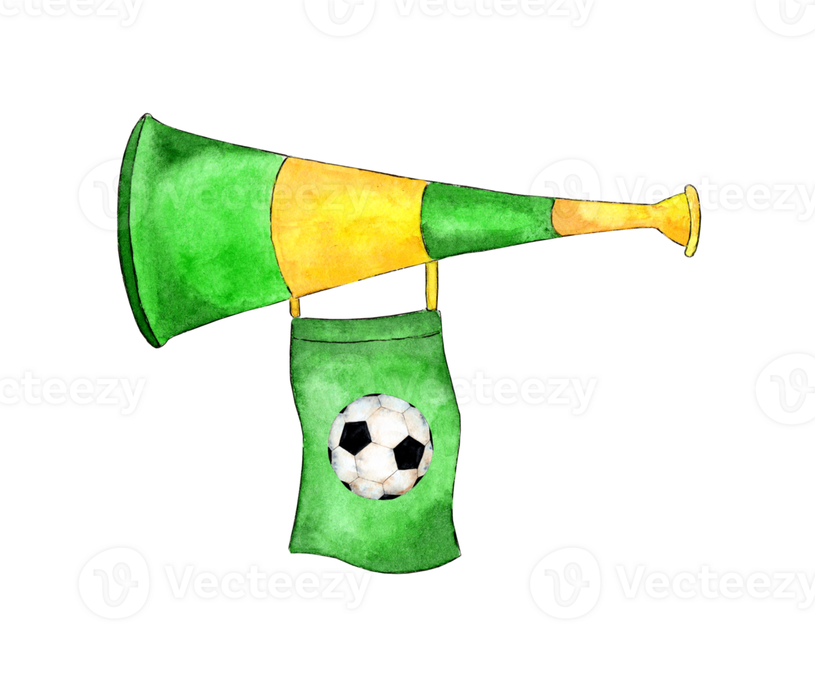 Watercolor illustration of a green yellow soccer fan whistle with a flag and a ball on it. Horn is an attribute of the fan. Noise generator. Isolated. Drawn by hand. png