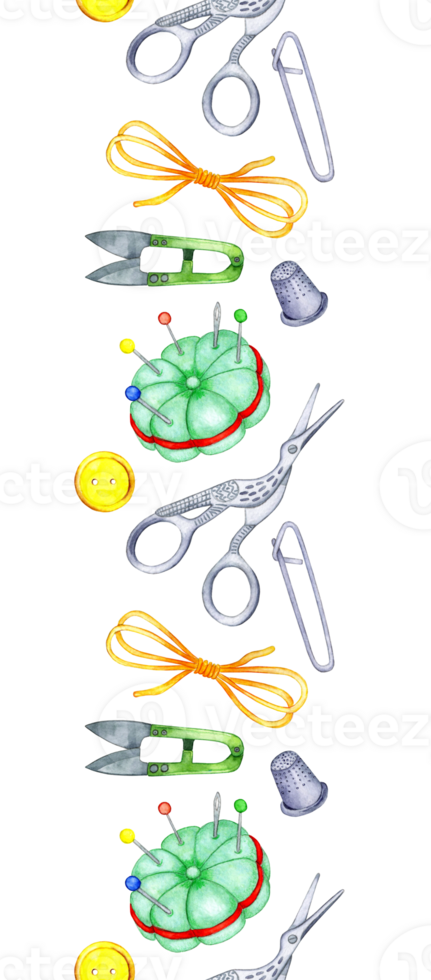 Watercolor pattern vertical needlework tools seamless pattern. Scissors, thread, safety pin, thimble, buttons, pincushion. Set of hand drawn borders, edges. Isolated png