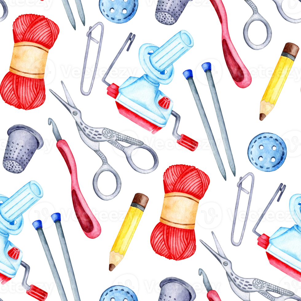 Watercolor pattern knitting tools seamless, repeating pattern. Yarn winder, knitting needles, crochet hook, scissors, skein of thread, pin, thimble, button. Design for fabric, wallpaper, wrapping png
