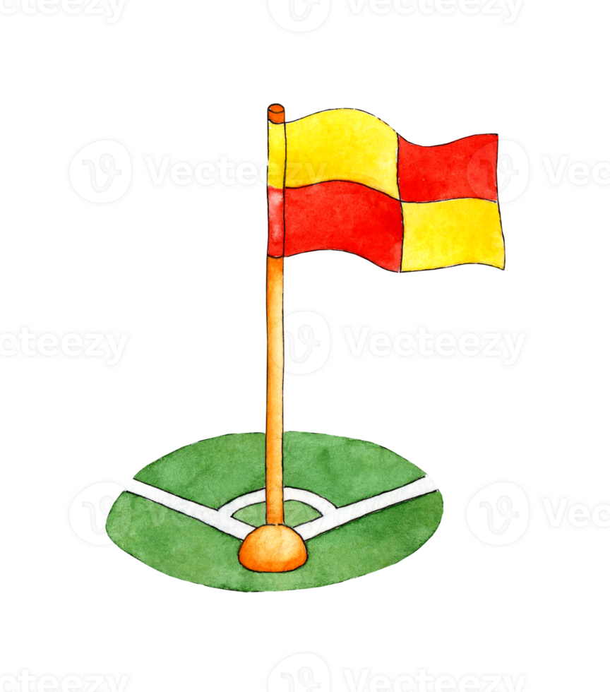 Watercolor illustration of a corner flag for a soccer field. Football equipment symbol, special marking element. Isolated. Drawn by hand. png