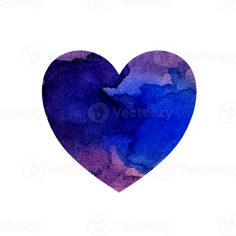 Watercolor illustration of a multicolored heart with spots and shades of lilac and blue paint. Holiday card for Valentine's Day, wedding, anniversary. Artistic design element isolated png