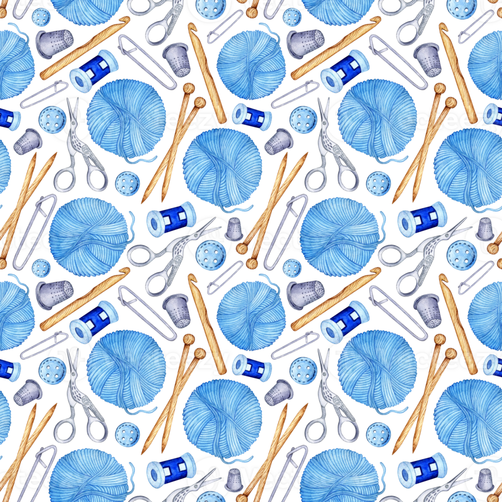 Watercolor pattern knitting tools seamless, repeating pattern. Wooden knitting needles, crochet hook, skeins of woolen yarn, button, pin, scissors. Design for fabric, wallpaper, wrapping paper. png