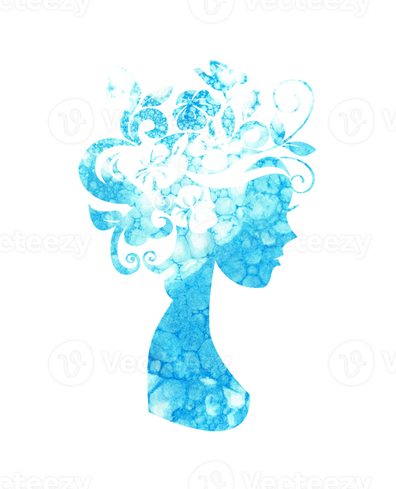 aquarelle illustration de une silhouette de une fille avec fleurs dans sa cheveux avec bleu taches de peindre. fille printemps, été, l'eau. fleur fée. silhouette pour conception isolé png