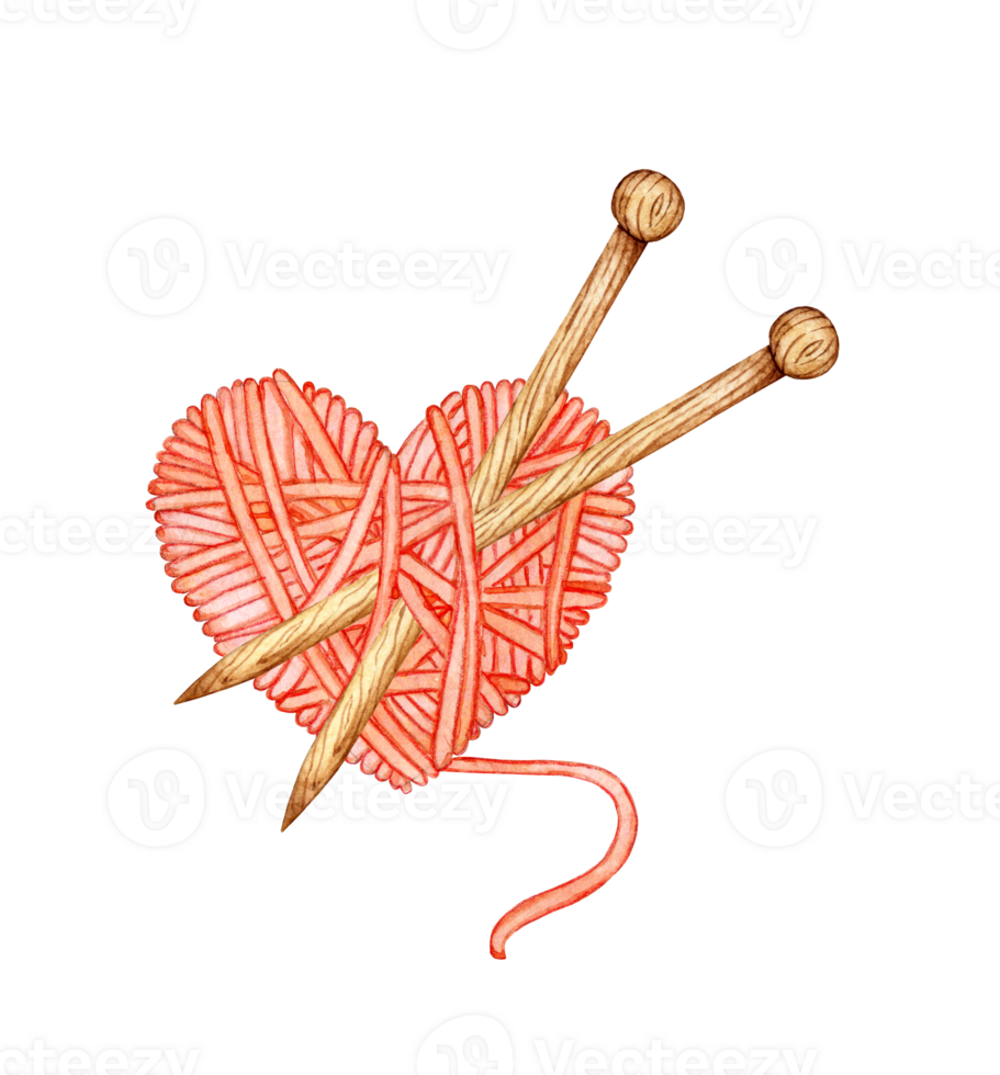 Watercolor illustration of a red skein of thread in the shape of a heart with knitting needles in it. Logo for knitters. Needlework, creativity, threads, a skein of yarn. Favorite hobby isolated. png