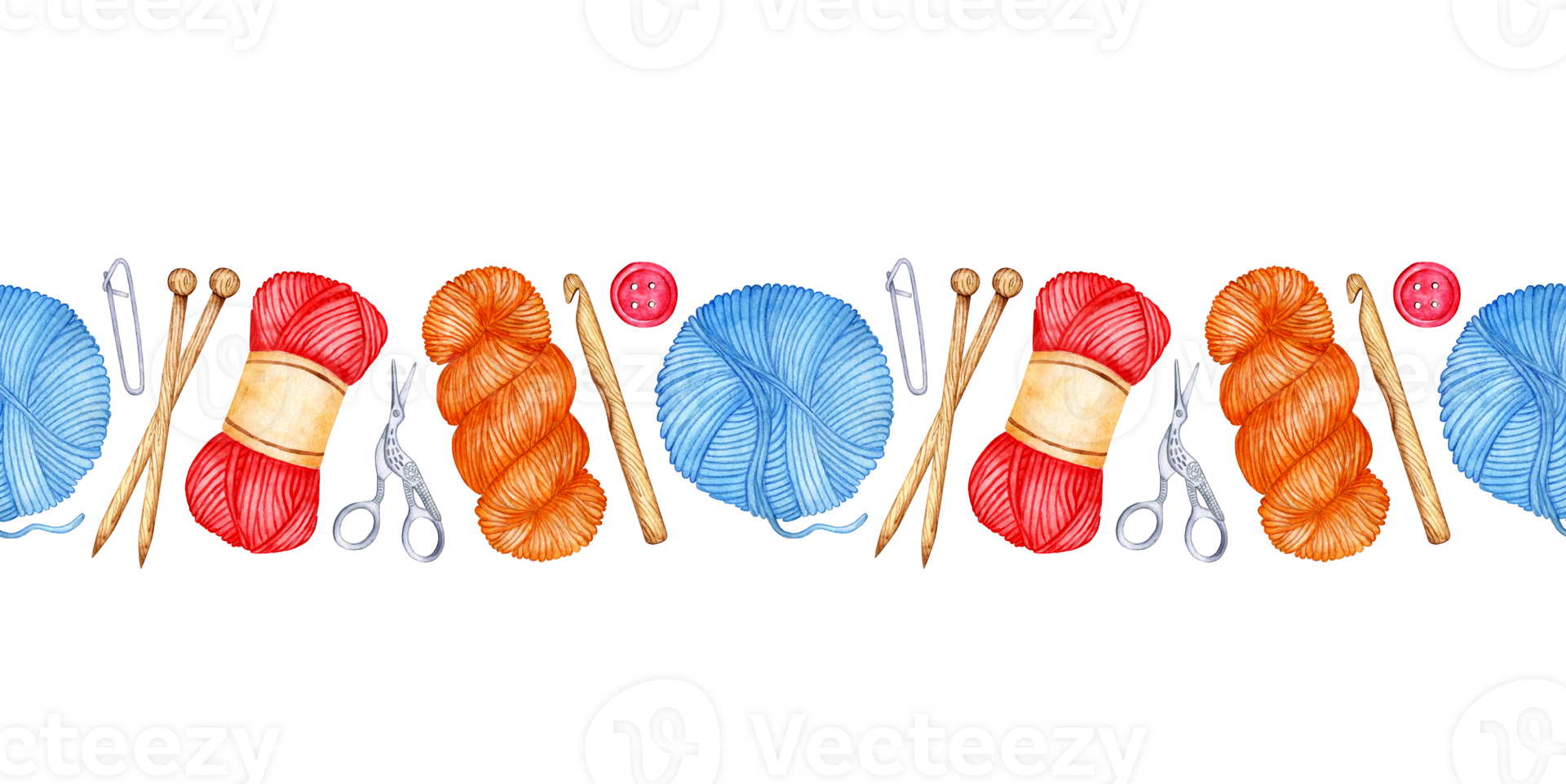 Watercolor pattern horizontal knitting tools seamless pattern. Wooden knitting needles, crochet hook, skeins of woolen yarn, button, pin, scissors. Set of hand drawn border, edge. Isolated. Drawn png