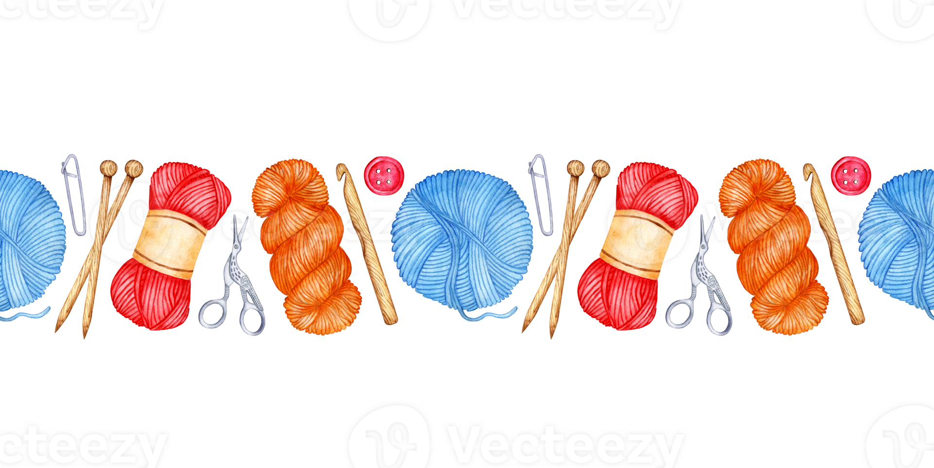 waterverf patroon horizontaal breiwerk gereedschap naadloos patroon. houten breiwerk naalden, haken haak, strengen van wollen garen, knop, pin, schaar. reeks van hand- getrokken grens, kant. geïsoleerd. getrokken png