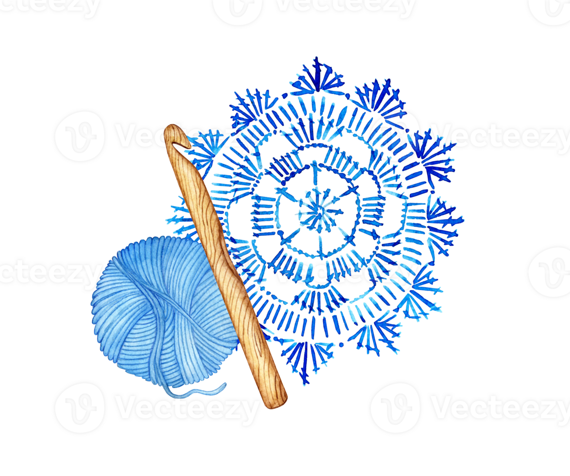 aguarela ilustração do uma azul guardanapo crochê e meada. arte, criatividade, construir para papel de parede projeto, embalagem, embrulho, cobrir, tecido fundo. isolado. desenhado de mão. png